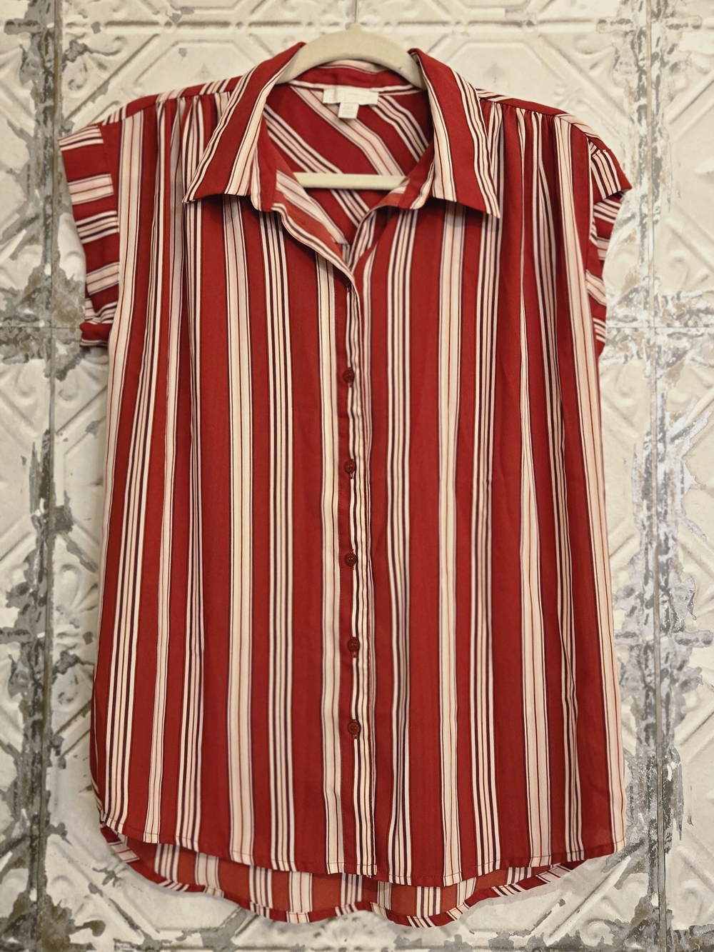 Causal Vertical Striped Top 14th & Union Women’s Button-Front Red and White S